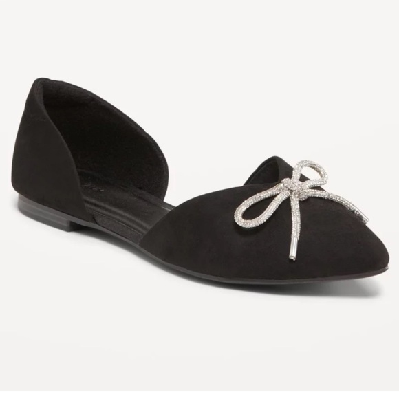 D’orsay black flats faux leather suede bling rhinestone pave bow front 8 - Picture 2 of 4